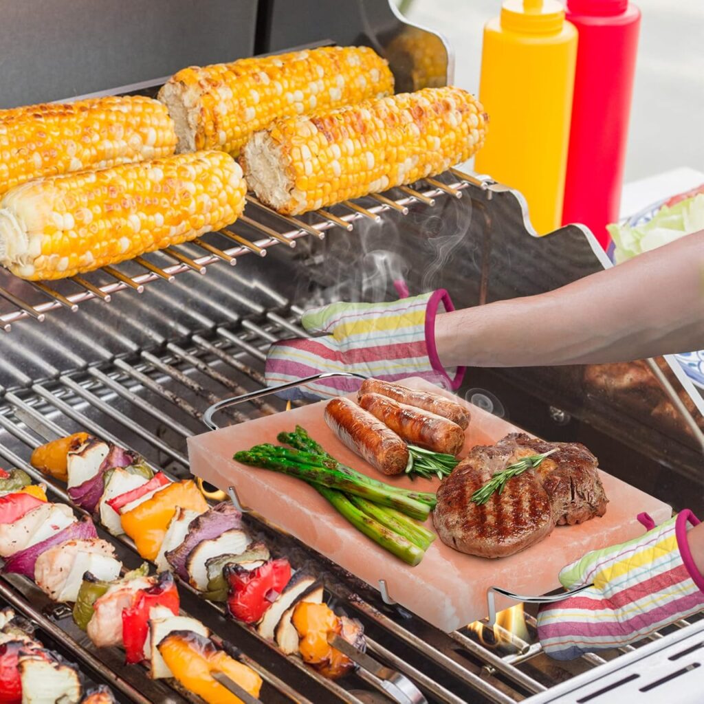 Himalayan Salt Block Cooking Plate with Metal Support, Food Grade Rock Salt Slab Stone 12 X 8 X 1.5 for Grilling, Cooking, Cutting and Serving, Gifts for Men, Women, Chefs  Cooks