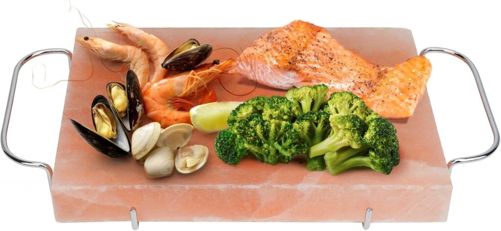 Himalayan Salt Block Cooking Plate with Metal Support, Food Grade Rock Salt Slab Stone 12 X 8 X 1.5 for Grilling, Cooking, Cutting and Serving, Gifts for Men, Women, Chefs  Cooks