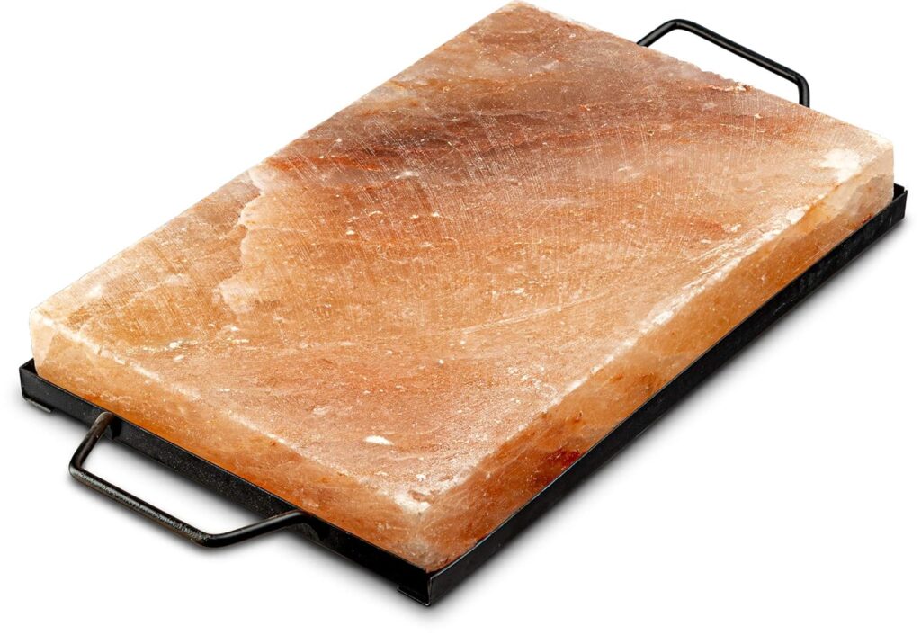 Himalayan Salt Plate  Stainless Steel Holder, Salt Slab Block, for Grilling, Searing, Chilling, Cutting Seasoning  Serving, 12x8x1.5 inch