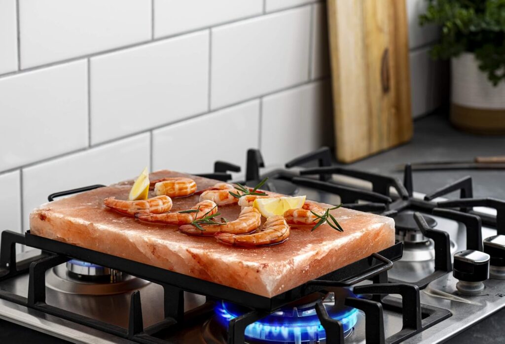 Himalayan Salt Plate  Stainless Steel Holder, Salt Slab Block, for Grilling, Searing, Chilling, Cutting Seasoning  Serving, 12x8x1.5 inch