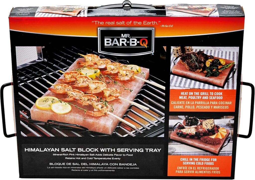 Mr. Bar-B-Q Himalayan Pink Salt Cooking Block, 100% Natural Food Grade Himalayan Salt Block Plate 12 x 8 w/Steel Tray for Hot  Cold Cooking, Cutting, Serving, Grilling, Searing  Backyard BBQ Grill