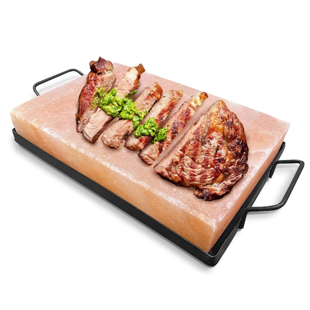 POHS Himalayan Pink Rock Salt Block For BBQ, Cooking, Grilling, Hot and Cold Serving Himalayan salt Slab (12 x 8 x 2 with Metal Holder)
