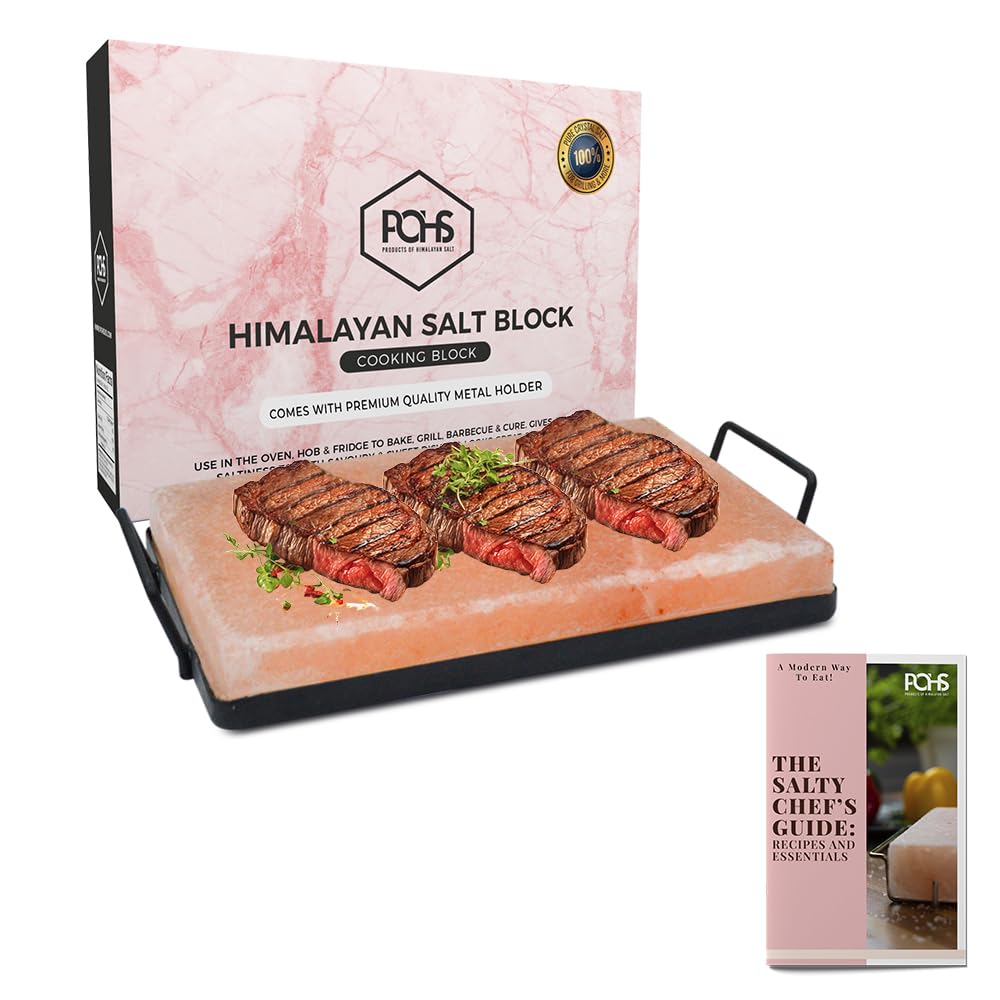 POHS Himalayan Salt Block For Grilling, Searing, Cooking, BBQ, Himalayan Salt Slab with Premium Quality Metal Holder 12x8x1.5 Inches