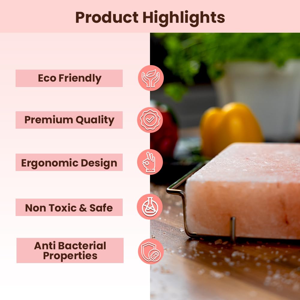POHS Himalayan Salt Block For Grilling, Searing, Cooking, BBQ, Himalayan Salt Slab with Premium Quality Stainless Steel Holder 12x8x2 Inches