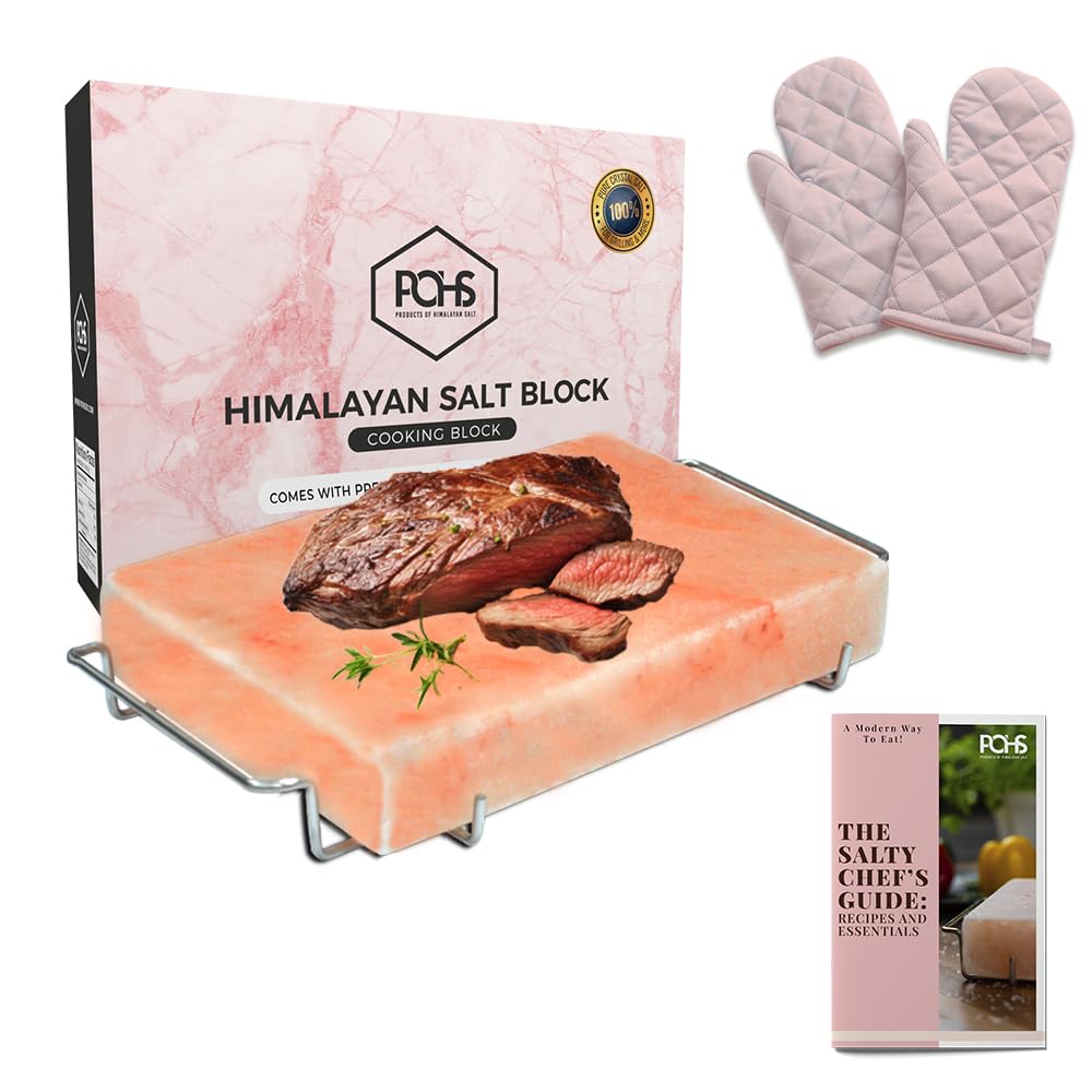 POHS Himalayan Salt Block For Grilling, Searing, Cooking, BBQ, Himalayan Salt Slab with Premium Quality Stainless Steel Holder 12x8x2 Inches