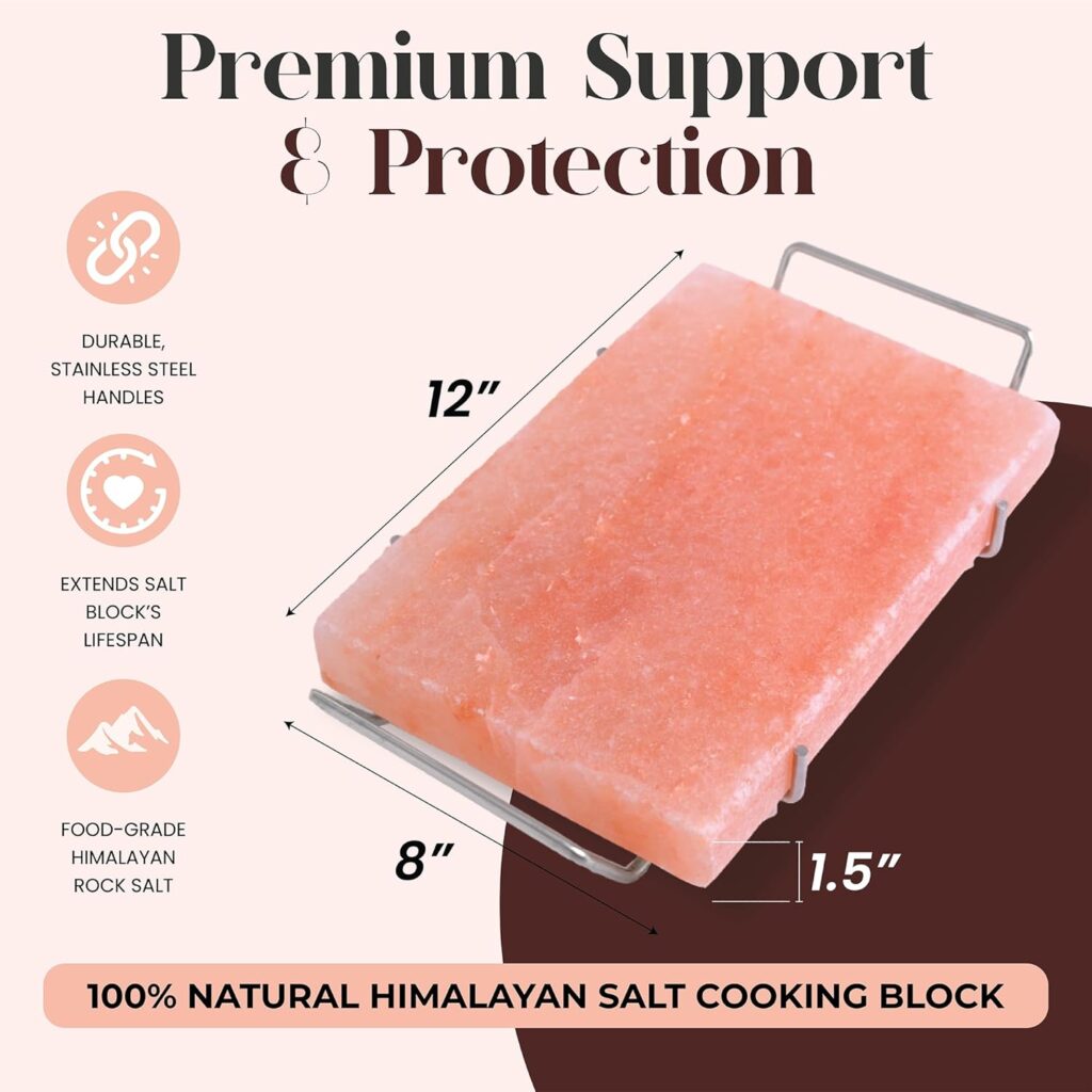 Spantik Professional Salt Block Set with Steel Tray 12 x 8 x 1.5 Himalayan Cooking Plate for Grilling, Cooking, Serving, 100% Pure Natural Food Grade Salt Stone Unique Gifts for Barbecue Smoker