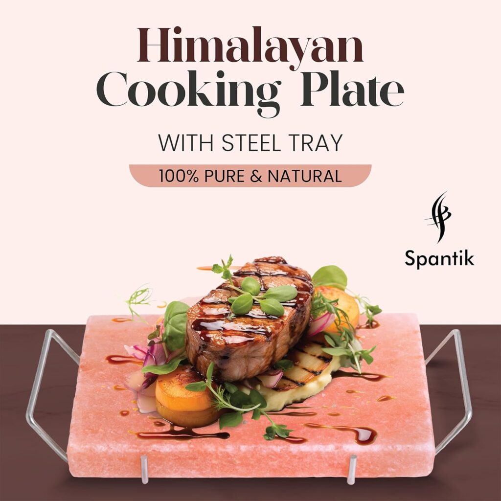 Spantik Professional Salt Block Set with Steel Tray 12 x 8 x 1.5 Himalayan Cooking Plate for Grilling, Cooking, Serving, 100% Pure Natural Food Grade Salt Stone Unique Gifts for Barbecue Smoker