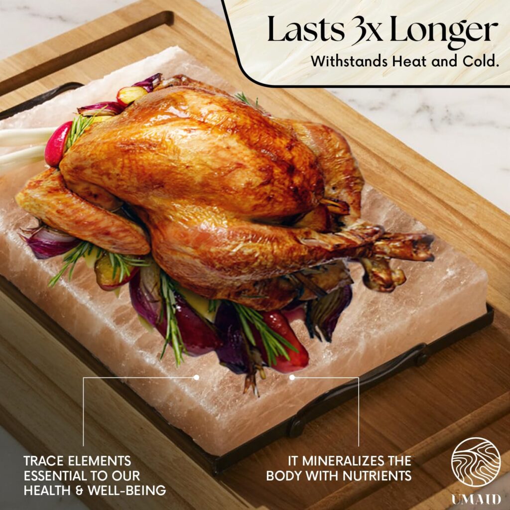 UMAID Himalayan Salt Block Cooking Plate 12x8x1.5 for Cooking, Grilling, Cutting and Serving, Food Grade Rock Salt Stone with Steel Tray  Recipe Pamphlet Unique Gifts for Men, Women, Chefs  Cooks