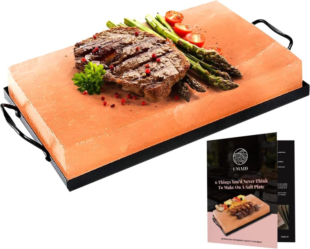 UMAID Himalayan Salt Block Cooking Plate 12x8x1.5 for Cooking, Grilling, Cutting and Serving, Food Grade Rock Salt Stone with Steel Tray  Recipe Pamphlet Unique Gifts for Men, Women, Chefs  Cooks