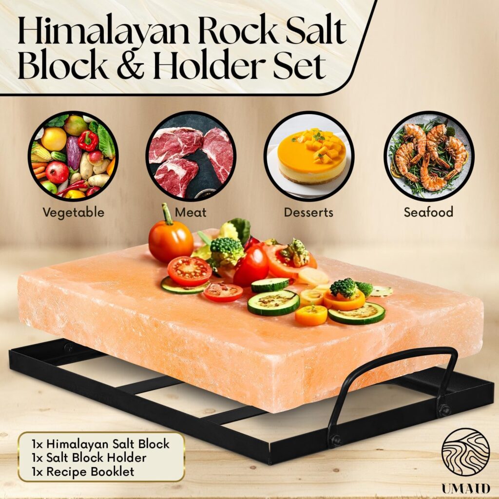 UMAID Himalayan Salt Block Cooking Plate 12x8x1.5 for Cooking, Grilling, Cutting and Serving, Food Grade Rock Salt Stone with Steel Tray  Recipe Pamphlet Unique Gifts for Men, Women, Chefs  Cooks
