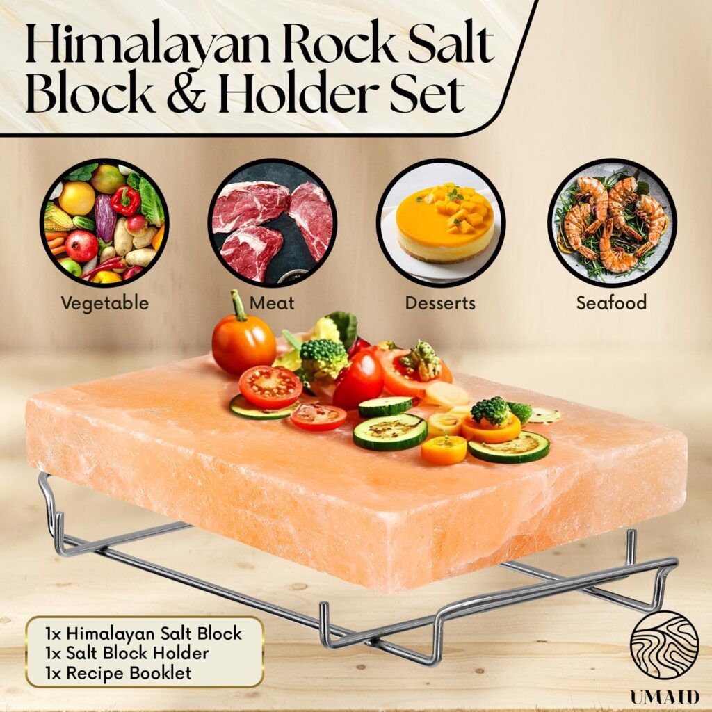 UMAID Himalayan Salt Block For Grilling, Cooking, Cutting and Serving,12X8X1.5 Food Grade Himalayan Pink Salt Stone on Stainless Steel Plate  Recipe Booklet, Unique Gifts for Men, Women, Chef, Cooks